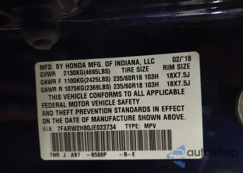 2018 Honda Cr-V Ex-L/Ex-L Navi from USA, damaged, VIN 7FARW2H80JE023734